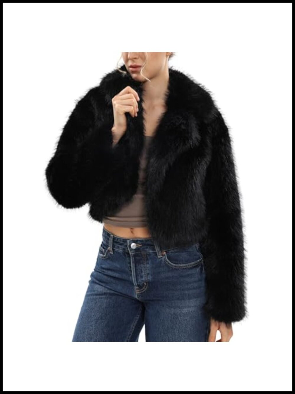 Womens Faux Fur Open Front Lapel Crop Jacket Fuzzy Winter Coat